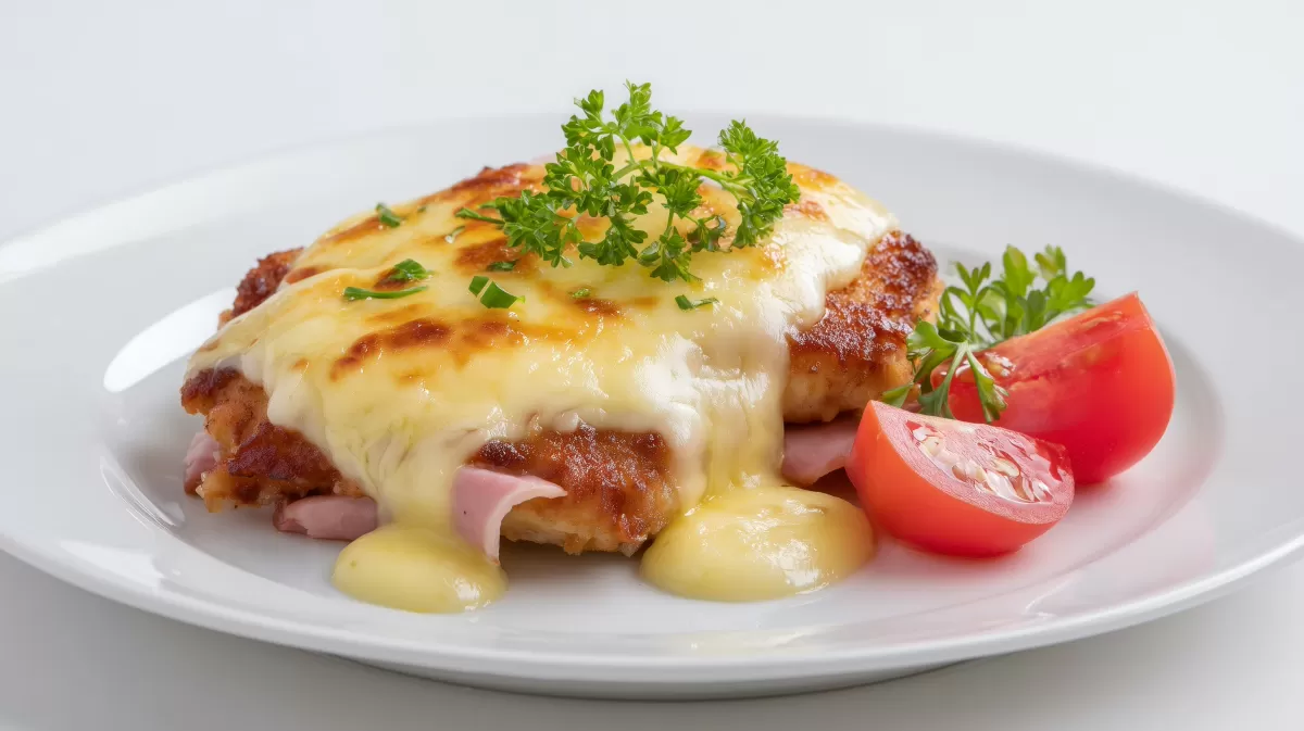 Elsässer Schnitzel mit Käseüberbackung auf Teller