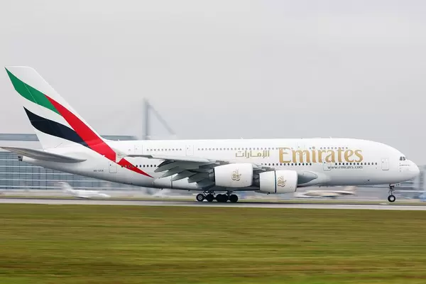 Emirates Airbus A380 touching down at Munich Airport