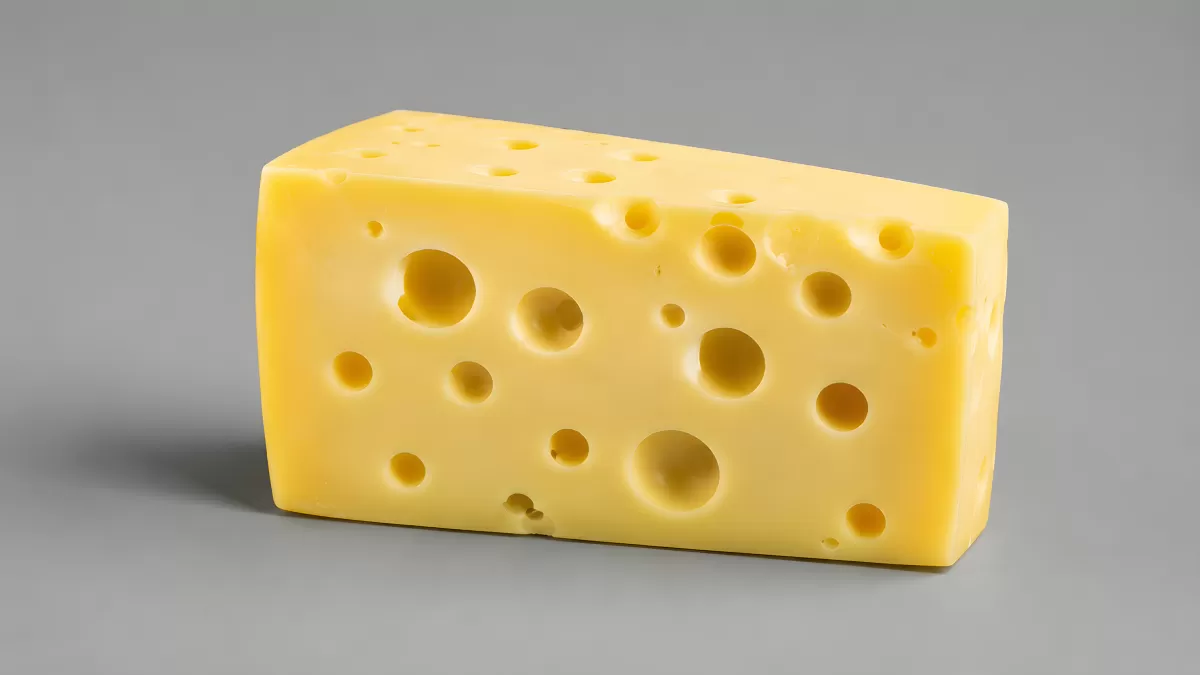 Emmentaler Käse mit großen Löchern auf grauem Hintergrund