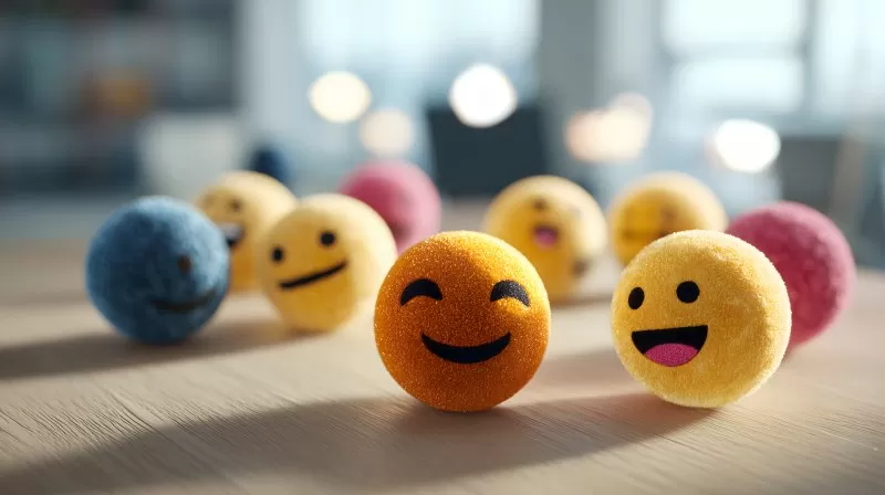 Emoji Bälle mit Gesichtern auf Holztisch