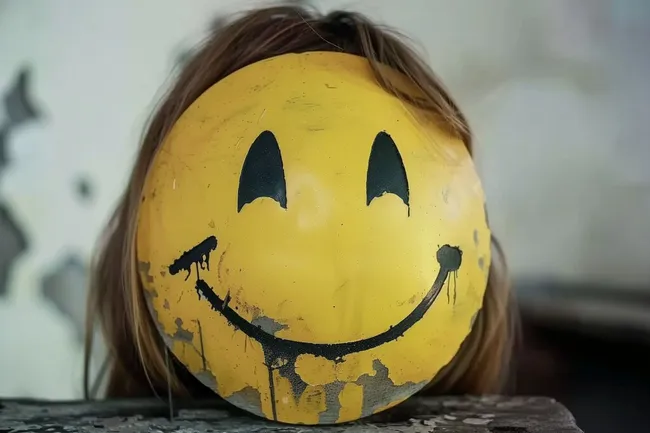 Emotionales Vintage-Foto eines verzerrten Smiley-Gesichts