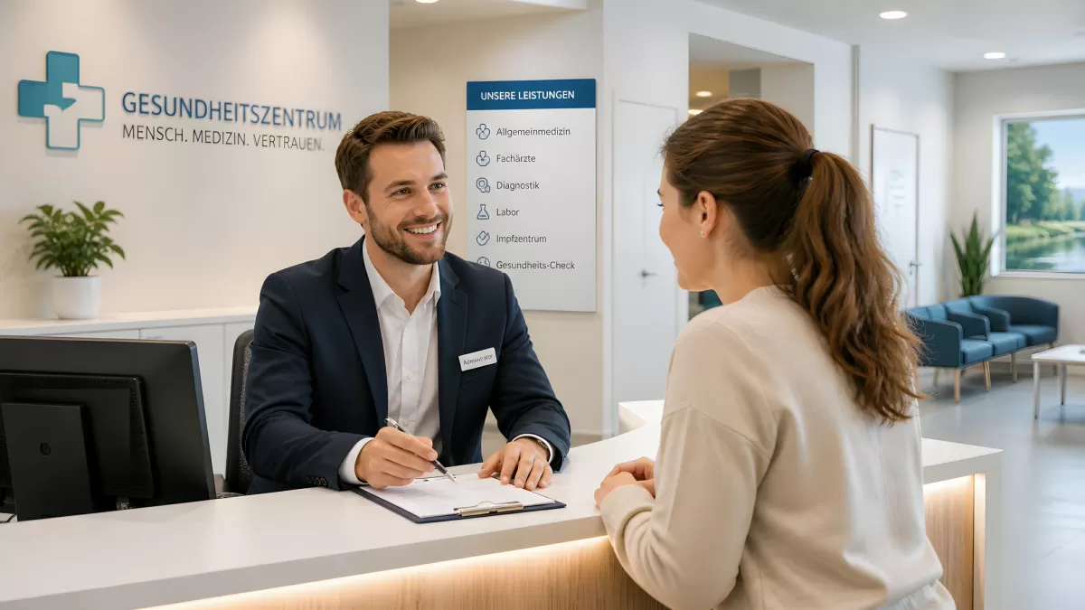 Empfang im Gesundheitszentrum – Arzt berät Patientin