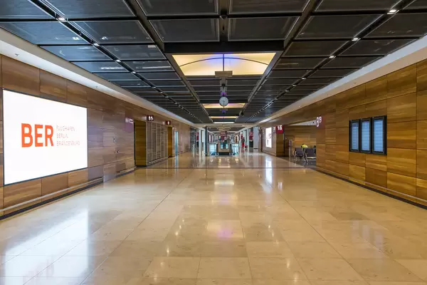 Empty hallway of the newly inaugurated Berlin Brandenburg Airport, completed after years of delay