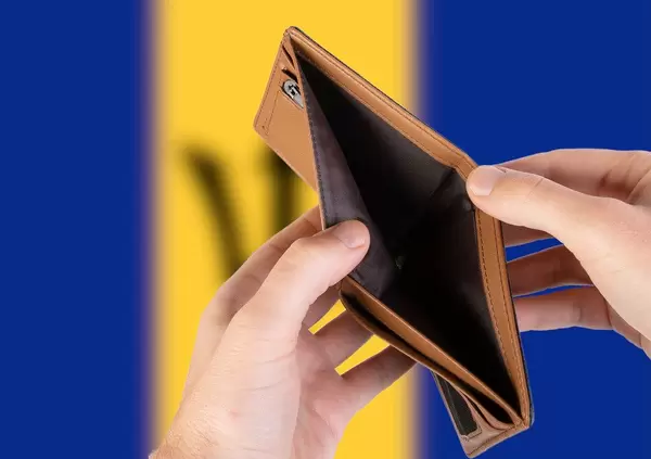 Empty Wallet with Flag of Barbados. Recession and Financial Crisis to come with more debt and federal budget deficit?