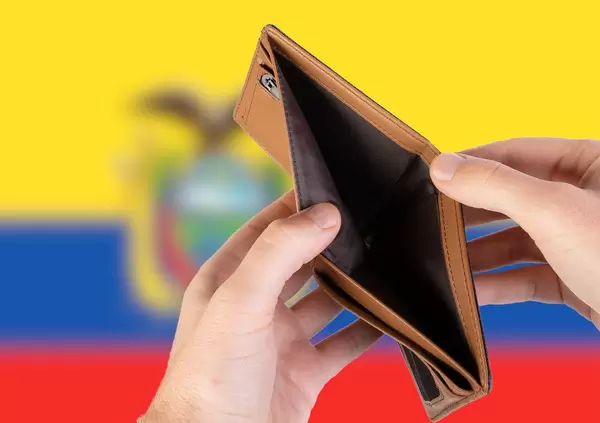 Empty Wallet with Flag of Ecuador. Recession and Financial Crisis to come with more debt and federal budget deficit?