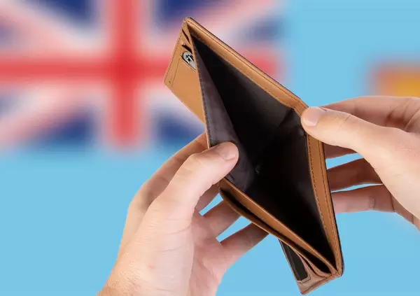 Empty Wallet with Flag of Fiji. Recession and Financial Crisis to come with more debt and federal budget deficit?