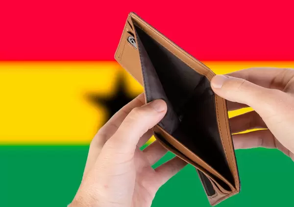 Empty Wallet with Flag of Ghana. Recession and Financial Crisis to come with more debt and federal budget deficit?