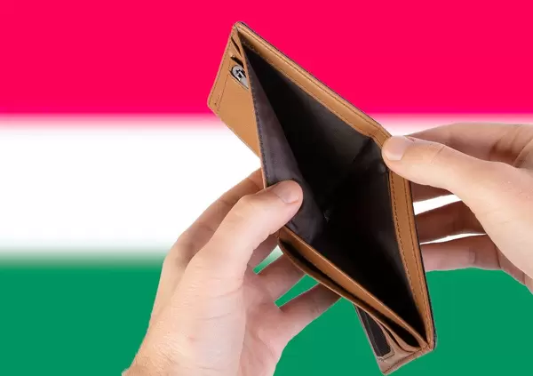 Empty Wallet with Flag of Hungary. Recession and Financial Crisis to come with more debt and federal budget deficit?