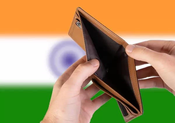 Empty Wallet with Flag of India. Recession and Financial Crisis to come with more debt and federal budget deficit?