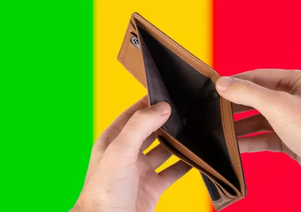 Empty Wallet with Flag of Mali. Recession and Financial Crisis to come with more debt and federal budget deficit?