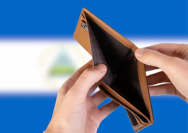 Empty Wallet with Flag of Nicaragua. Recession and Financial Crisis to come with more debt and federal budget deficit?
