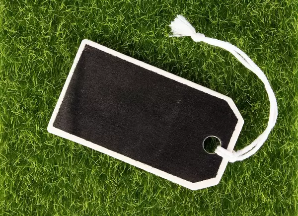 Empty wooden tag on grass background