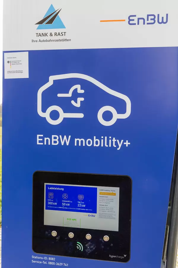 EnBW mobility+ Electric Vehicle Charging Station with Touchscreen at a Rest Stop in Germany