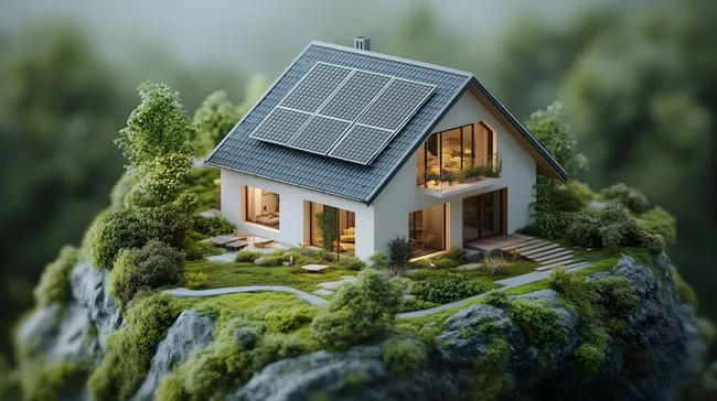 Energieeffizientes Haus mit Solaranlage in grüner Umgebung