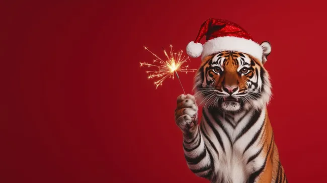 Energiegeladener Weihnachtstiger mit Bengalfeuer