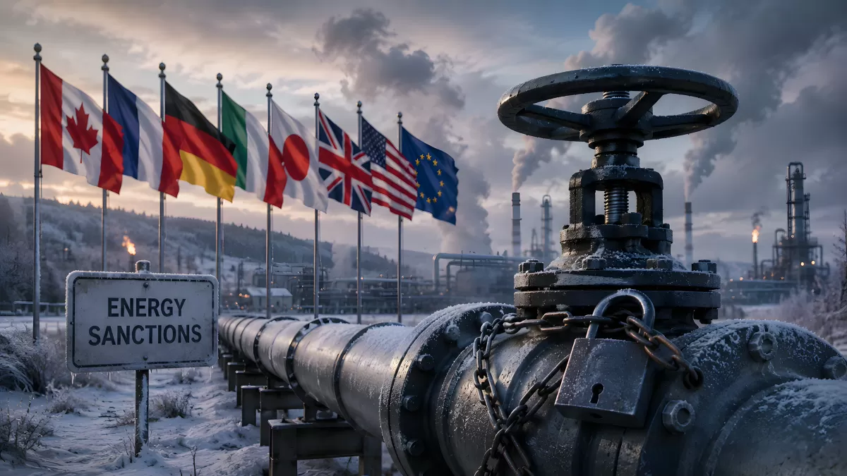 Energiesanktionen: Gesperrte Pipeline mit G7-Flaggen