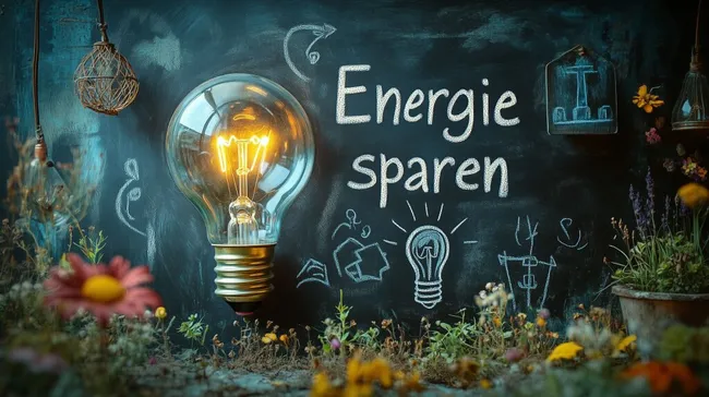 Energiesparende Beleuchtungstipps auf Kreidetafel mit Glühbirne