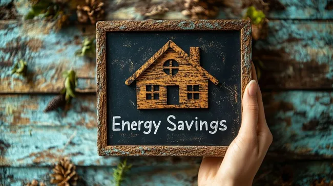 Energiesparhaus-Tafel mit rustikaler Holzoptik