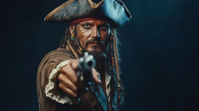 Energischer Pirat mit Pistole in Vollkostümierung