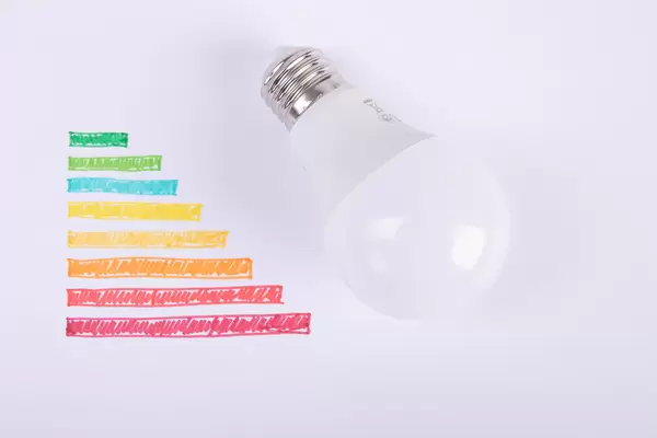 Energy rating chart with lightbulb on white background