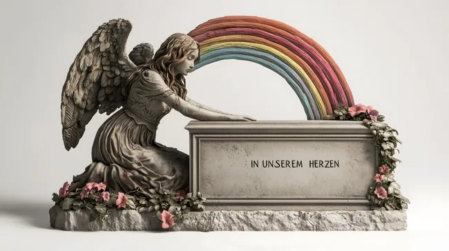 Engel am Grabstein mit Regenbogenbogen