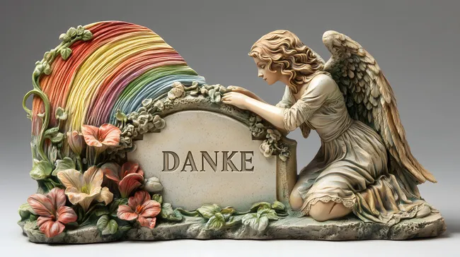 Engel am kunstvollen Grabmal mit Regenbogen-Motiv