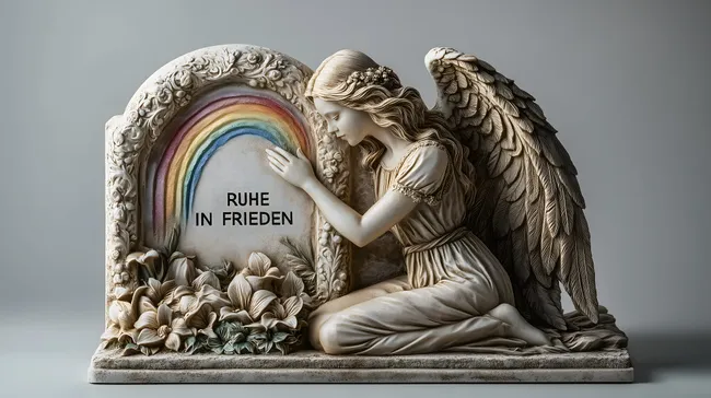Engel hält Grabmal mit Regenbogen - Ruhefriede Friedhof