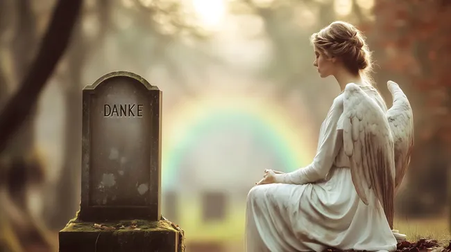 Engel in Weiß sitzt am alten Grabstein mit Regenbogen