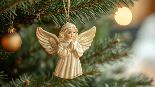 Engel-Ornament am beleuchteten Weihnachtsbaum