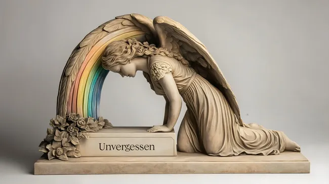 Engelfigur mit Regenbogen und Grabstein
