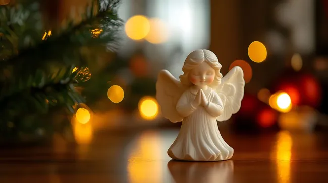 Engelfigur vor verschwommenen Weihnachtslichtern