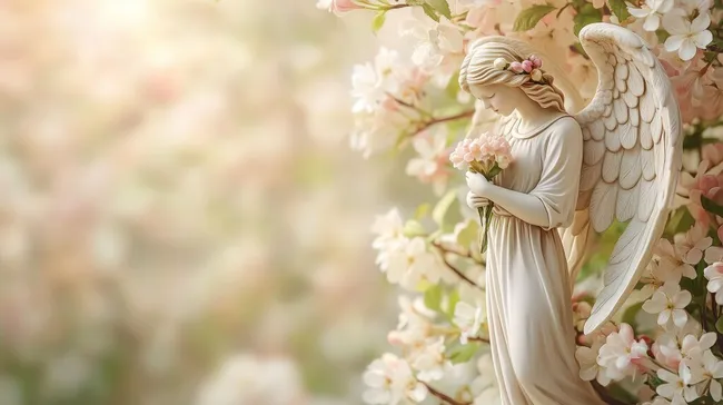 Engelsfigur in blühendem Garten