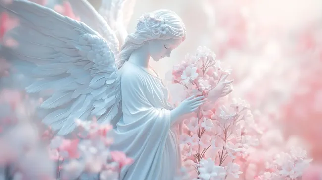 Engelsfigur mit rosa Blumenstrauß in romantischer Szenerie