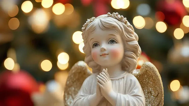 Engelsfigur vor weihnachtlicher Lichterkette