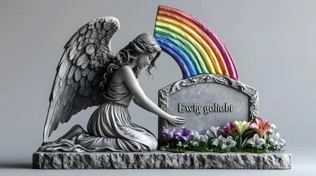 Engelsstatue am Grabstein mit Regenbogen-Hintergrund