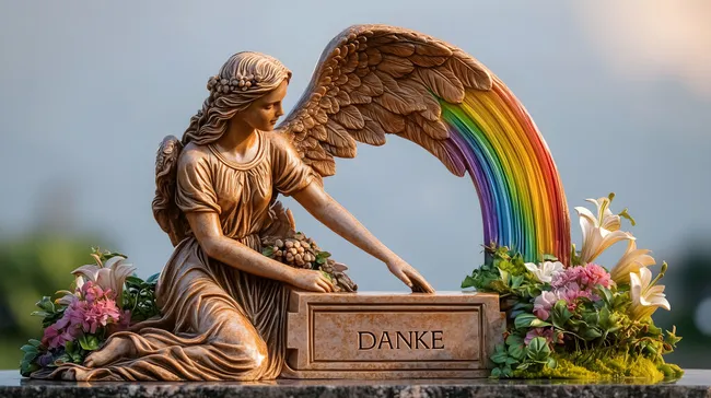 Engelsstatue mit Regenbogen-Flügeln und Grabinschrift 'DANKE'