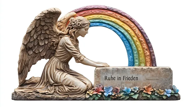 Engelsstatue mit Regenbogen-Hintergrund
