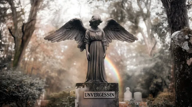 Engelstatue mit Regenbogen auf Grabstein - Unvergessen
