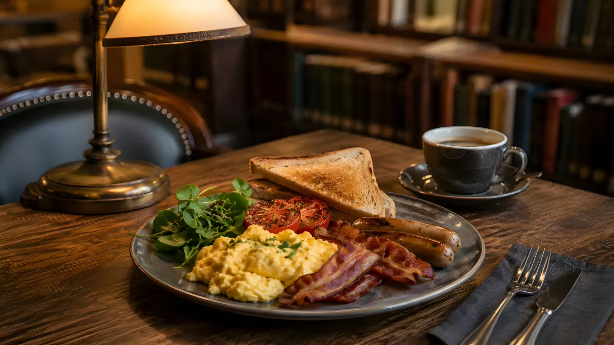 Englisches Frühstück mit Rührei, Speck und Toast