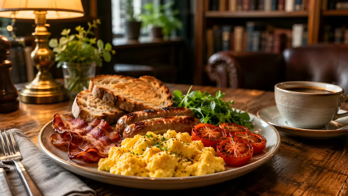 Englisches Frühstück mit Speck, Ei und Würstchen