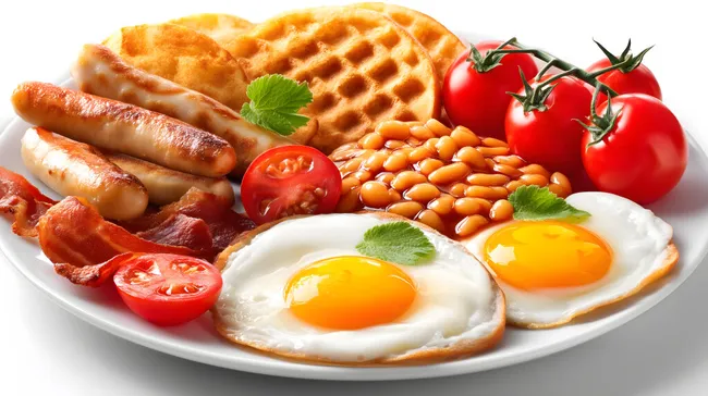Englisches Frühstück mit Spiegelei, Würstchen und Tomaten