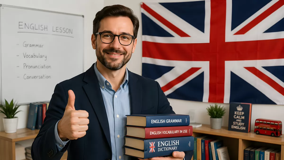Englischlehrer hält Bücher vor britischer Flagge