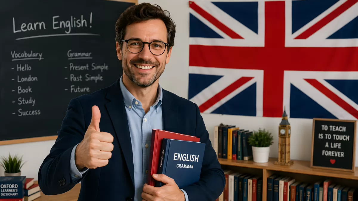 Englischlehrer mit Grammatikbuch gibt Daumen hoch