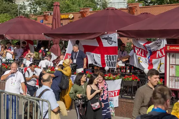 English soccer fans occupying a pub in Moscow during World Cup