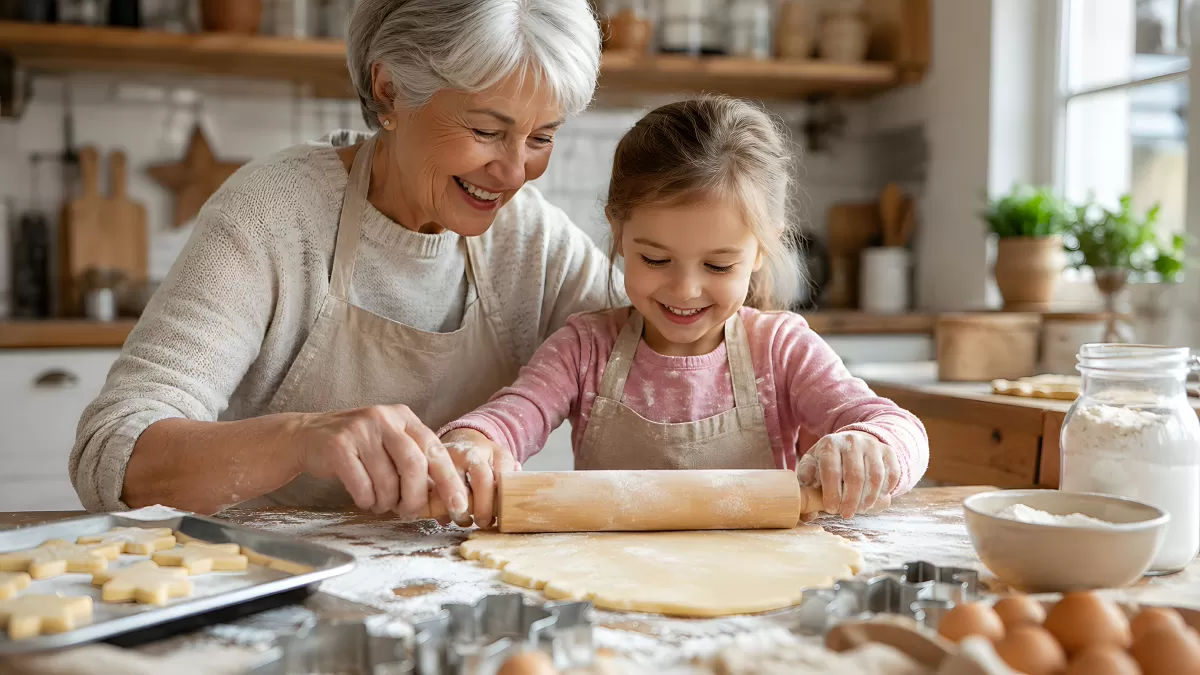 Enkelin und Oma backen Plätzchen zusammen