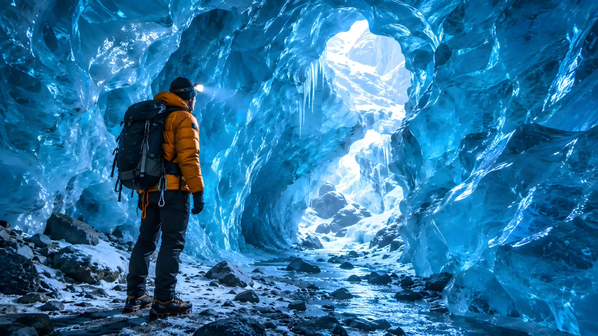 Entdecker in blauer Eishöhle mit Gletscherformationen