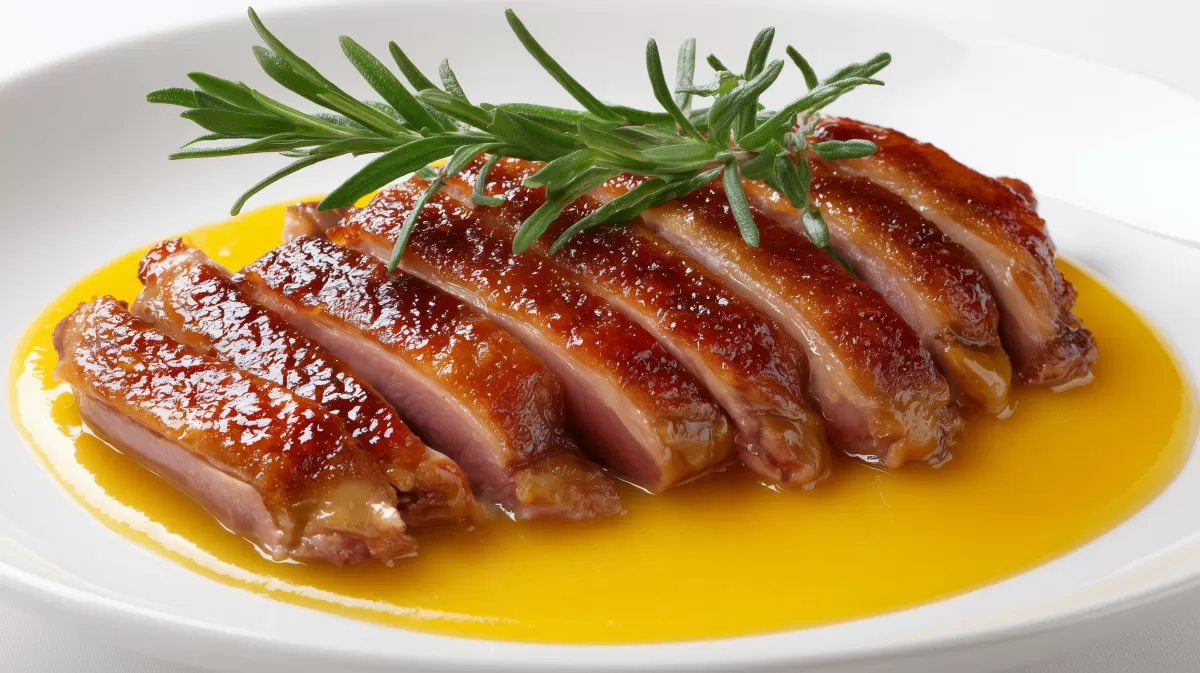 Ente à lOrange auf französische Art mit Rosmarinzweig