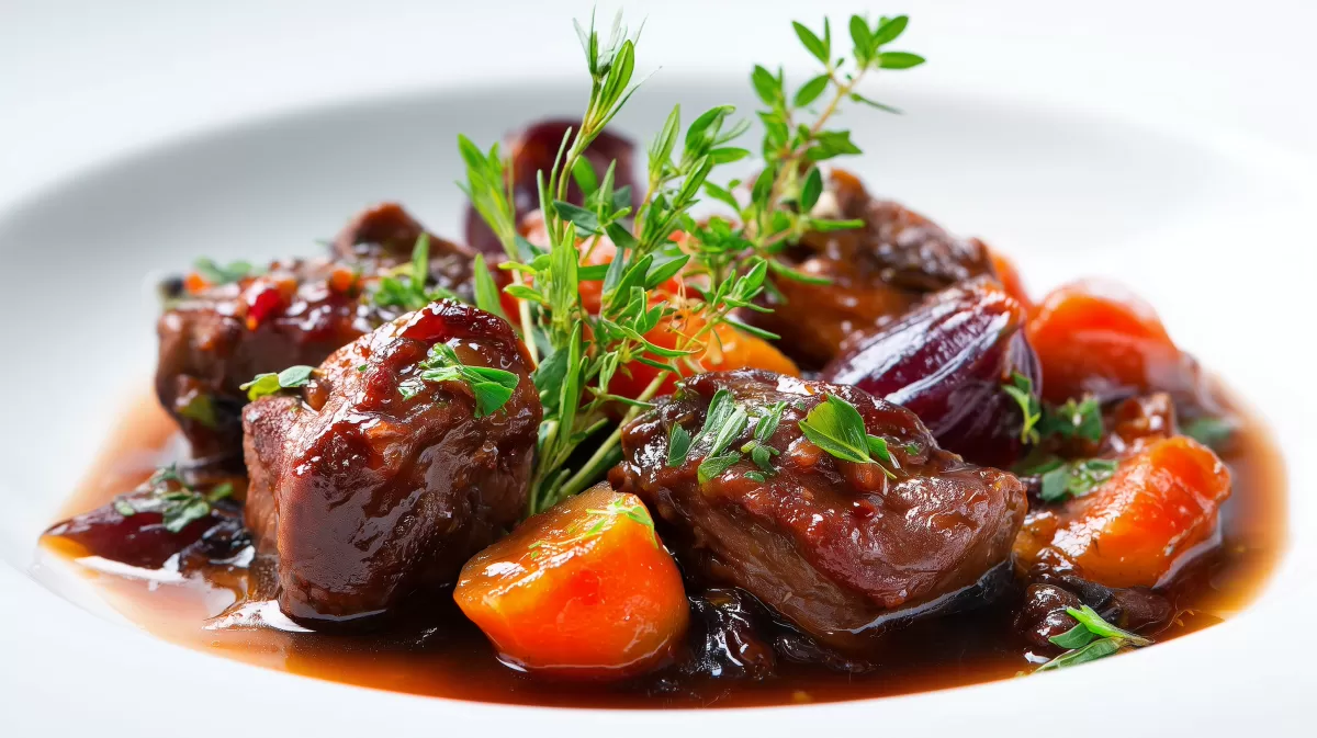 Ente geschmort in Rotwein Sauce mit Gemüse