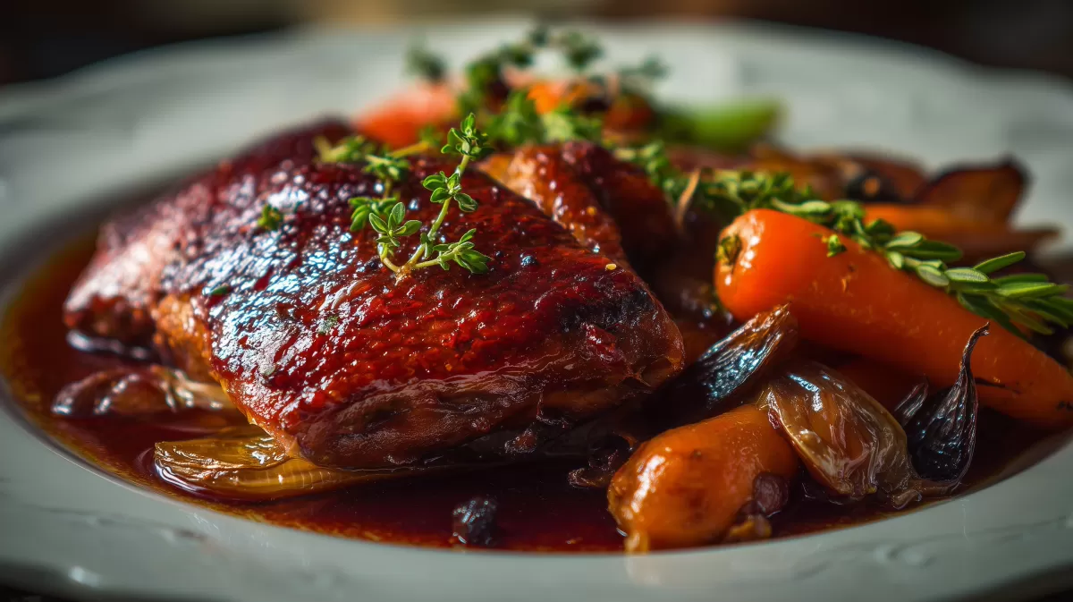 Ente in Rotwein Sauce Canard au vin mit Gemüse