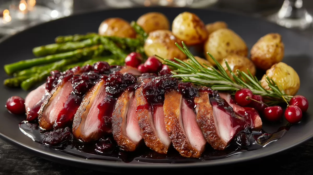 Ente mit Kirschsauce und Rosmarinkartoffeln auf Teller